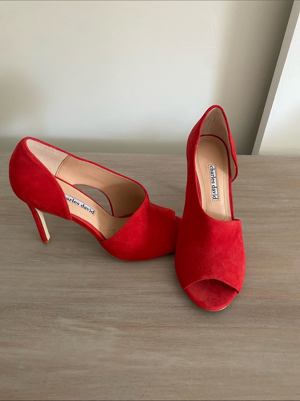 Charles David Red Suede Peep-Toe Pumps